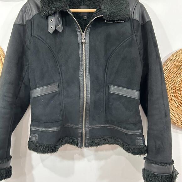 Express Neutral Black Faux Suede Fur Zip Up Moto Jacket Coat Medium Buckle - Picture 4 of 10